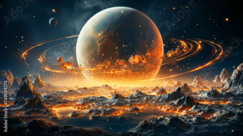 Mystical planetary landscape with glowing orb