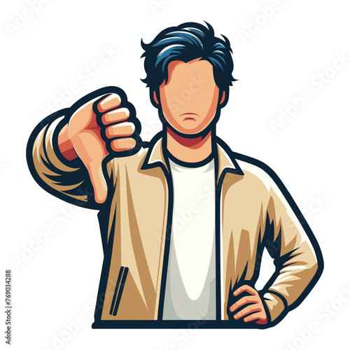 Man showing thumbs down vector illustration, unhappy male gesturing disapproval sign, dislike, disagreement, negative expression. design template isolated on white background
