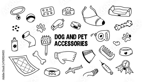 Doodle dog and pet accessories. Vector hand drawn illustration of cat and puppy care. Food, vet, toy, collar, paw, bed, bone etc