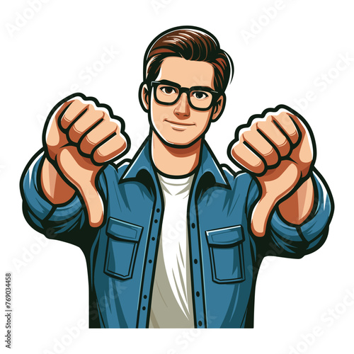 Man showing thumbs down design illustration, unhappy male gesturing dislike, disapproval sign, negative expression, disagreement. vector template isolated on white background