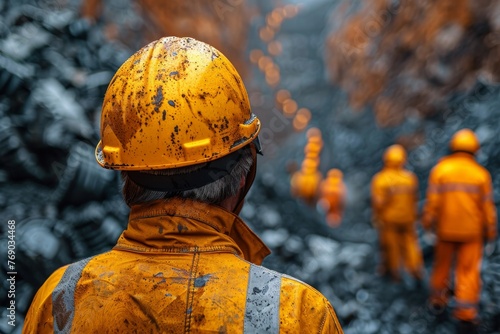 A worker in reflective clothing and a dirty helmet stands with his back to the camera in a coal mine photo