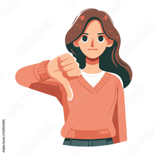 Woman showing thumbs down design illustration, unhappy girl gesturing dislike, disapproval sign, negative expression, disagreement. vector template isolated on white background