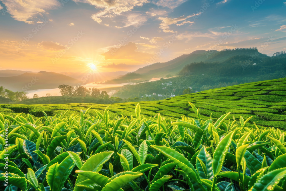 Green tea plantation at sunrise time, nature background Green tea plantation at sunrise time, nature background