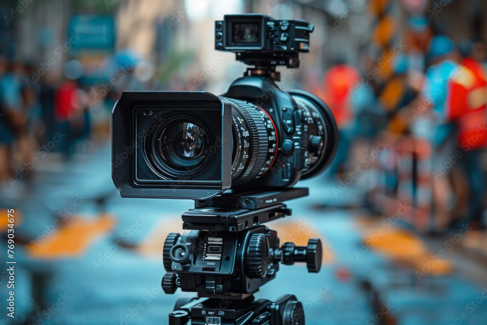 A professional video camera on a tripod is ready for action amidst a bustling cityscape of people and urban life