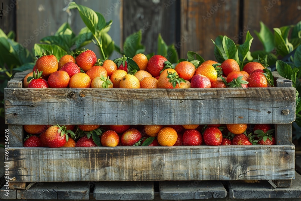 A vibrant image showcasing a variety of fresh strawberries and oranges neatly packed in a rustic wooden crate amid green leaves