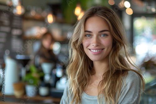 A smiling woman with blue eyes in a café, with a blurred barista behind her