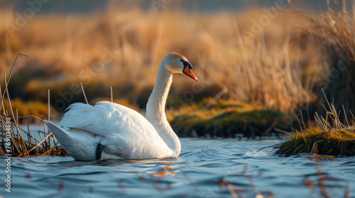 Elegant swan swimming at golden hour