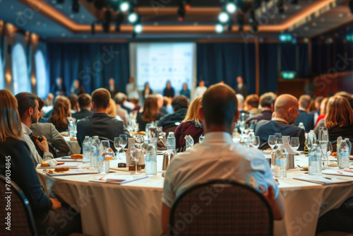 Round table discussion at business conference meeting event. Audience at the conference hall. photo