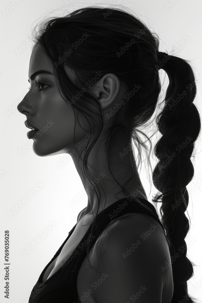 Silhouette of Grace: Woman with Long Ponytail in Monochrome. Generative AI.
Silhouette of Grace: Woman with Long Ponytail in Monochrome. Generative AI.