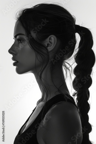 Silhouette of Grace: Woman with Long Ponytail in Monochrome. Generative AI.