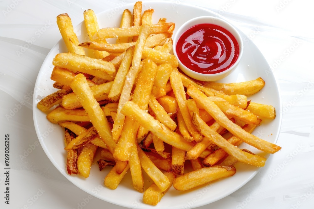 Plate of tasty french fries and ketchup on white background Plate of tasty french fries and ketchup on white background