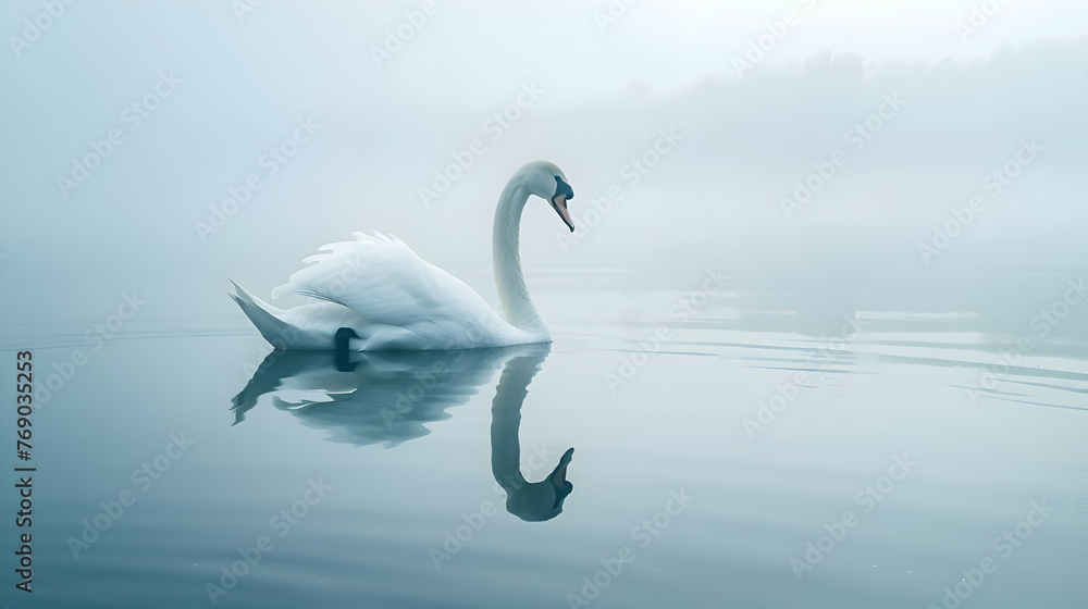Graceful swan gliding serenely across tranquil lake surface Graceful swan gliding serenely across tranquil lake surface