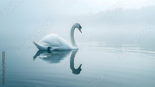 Graceful swan gliding serenely across tranquil lake surface