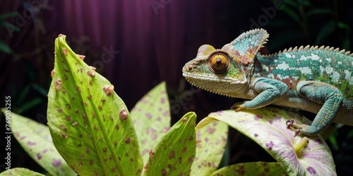   A chameleon perched on a green leaf beside a purple and green plant before a purple drape