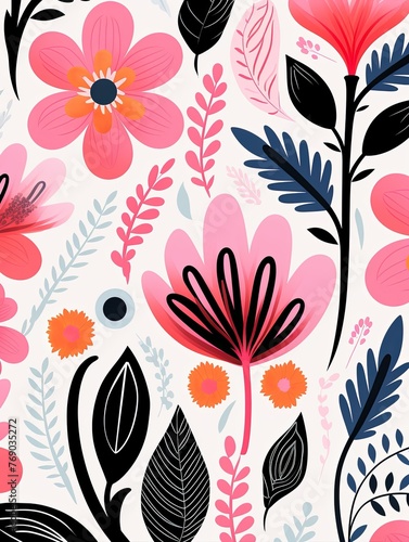 bright spring colorsb black and white  pinknordic pattern white background with flower and flowers  floral backdrop with copy space