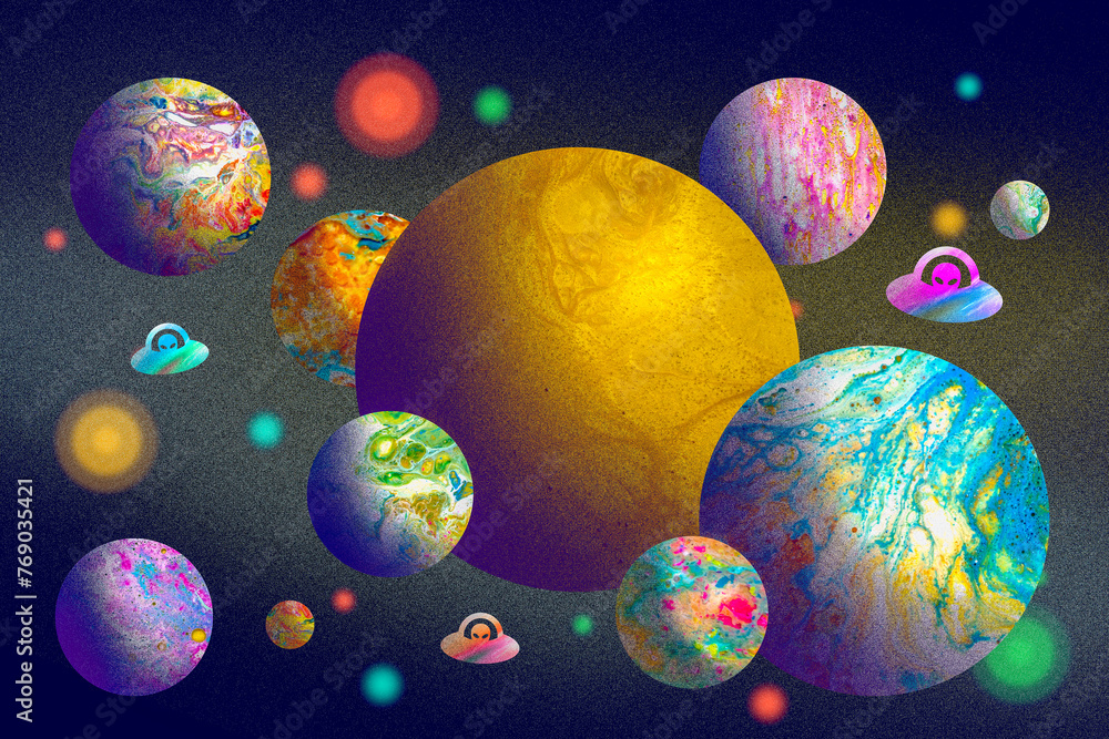 Children's illustration with textures of the universe, with planets of different sizes, bright stars and UFOs with aliens Children's illustration with textures of the universe, with planets of different sizes, bright stars and UFOs with aliens