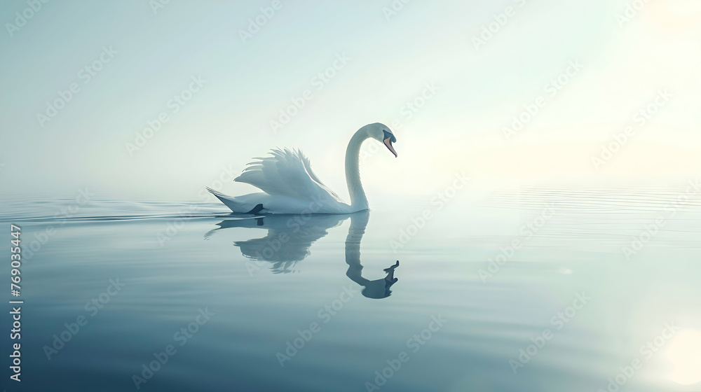 Fototapeta premium Graceful swan gliding serenely across tranquil lake surface
