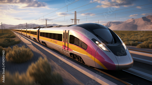 Photo of High Speed Train With Yellow and Pink Design Livery Caught In Motion Somewhere In Spain