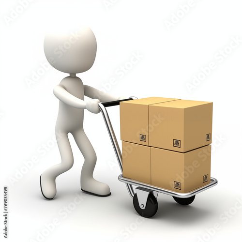 delivery man and hand truck concept, 3D White people with hand truck and boxes, 3d illustration 