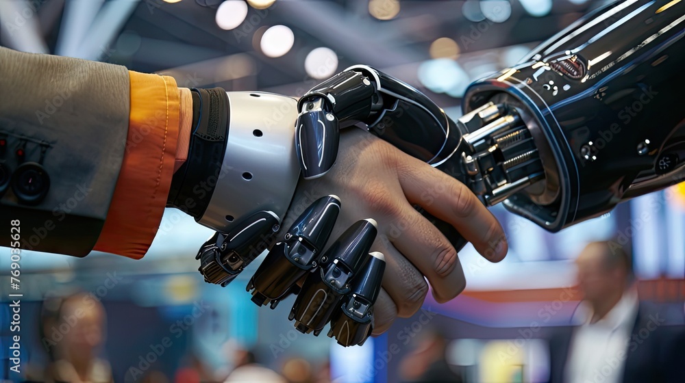 worlds as human and robot unite in a handshake, symbolizing collaboration and innovation in the modern workplace. worlds as human and robot unite in a handshake, symbolizing collaboration and innovation in the modern workplace.