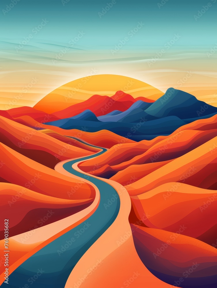 An artistic depiction of a desert setting with a river winding its way ...