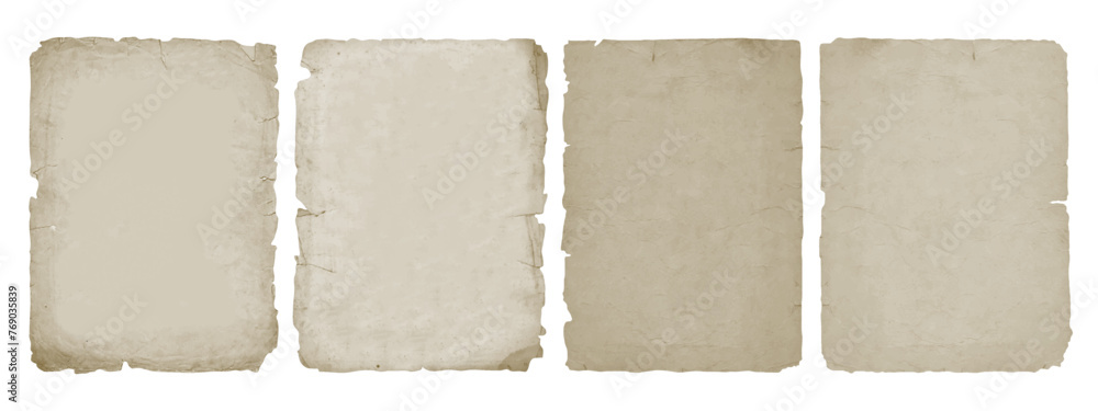 Vintage old paper with ripped edges. Antique sheets set, isolated on transparent background	