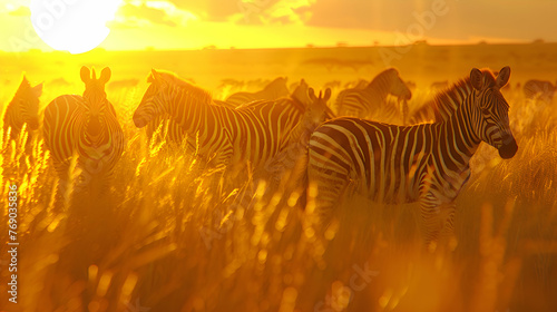 Grazing herd of zebras under the golden sun