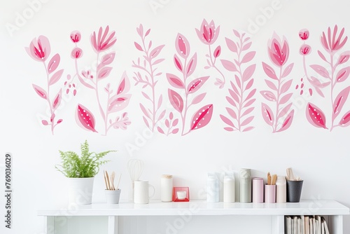 bright spring colors pink and white, pinknordic pattern white background with flower and flowers, floral backdrop with copy space