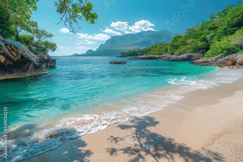 Pristine sandy beach with crystal-clear turquoise water  surrounded by lush greenery and mountainous terrain