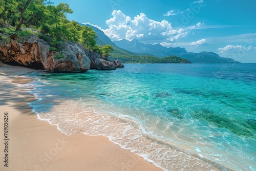 Captivating view of a rocky cove with crystal-clear waters against a backdrop of wooded mountains