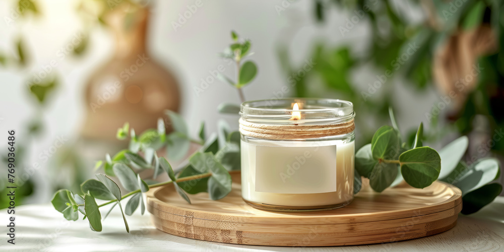 Candle with a flickering flame amidst eucalyptus, for a tranquil ambiance. Candle with a flickering flame amidst eucalyptus, for a tranquil ambiance.