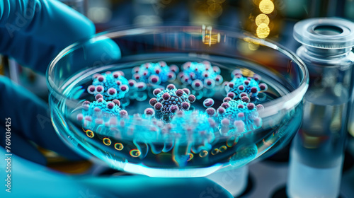 Vivid 3D cells thrive in a petri dish under the gaze of a focused scientist.