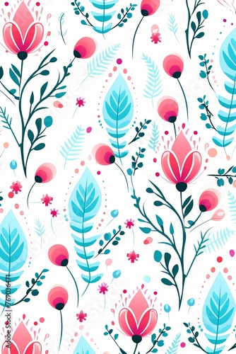 bright spring colors cyan and white, pinknordic pattern white background with flower and flowers, floral backdrop with copy space