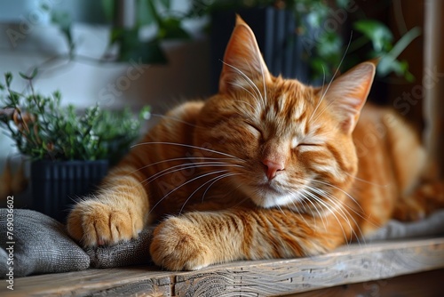 A peaceful orange tabby cat dozing off on a wooden shelf with plants, embodying serenity