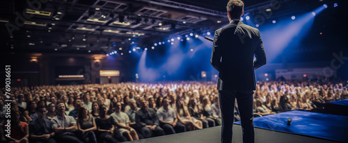 Back view of business event motivational speaker on a stage in front of his audience for motivation speech on conference