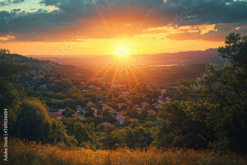 A breathtaking sunset over a picturesque town with hills, casting a golden light and long shadows across the landscape