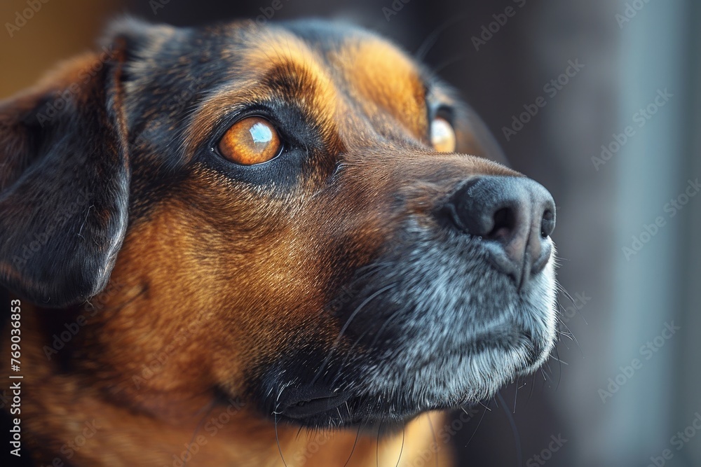 Close-up shot of an attentive brindle dog with soulful eyes, showing fine details in the fur and eyes Close-up shot of an attentive brindle dog with soulful eyes, showing fine details in the fur and eyes