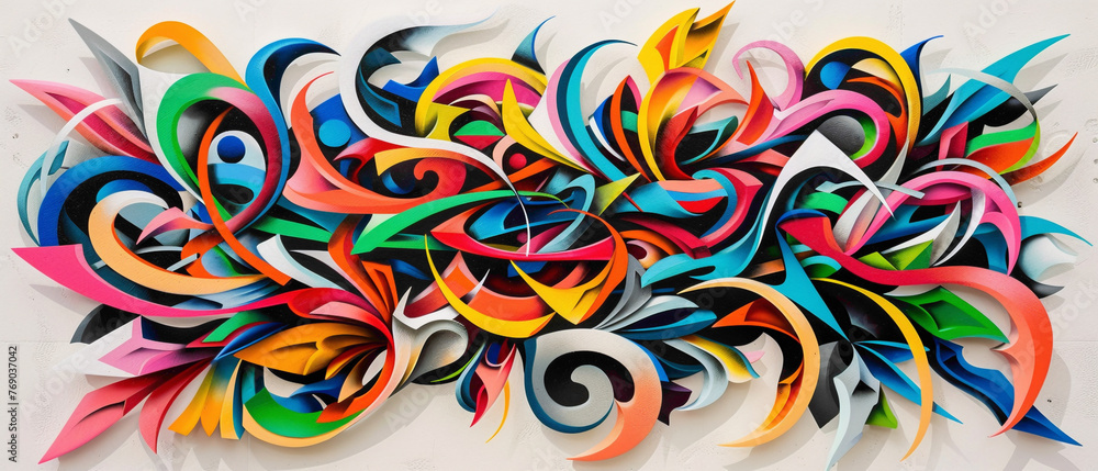 Swirling graffiti-style lettering seamlessly blends with intricate abstract designs, creating a mesmerizing street art masterpiece that revitalizes the city streets. Swirling graffiti-style lettering seamlessly blends with intricate abstract designs, creating a mesmerizing street art masterpiece that revitalizes the city streets.