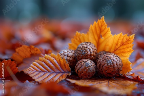 Walnuts, showcasing their intricate shell textures, nestled among vibrant autumn leaves portraying the season's richness photo