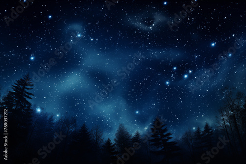 Beautiful Stars In The Sky Above The Forest Trees. a starry night sky over trees, Starry Sky Landscape