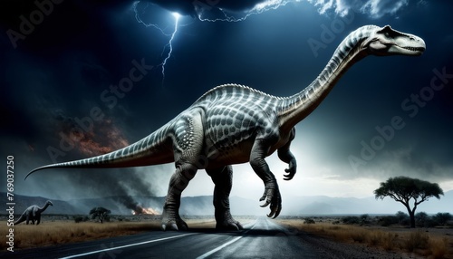   A massive dinosaur perches on a road at night  illuminated by lightning in the background