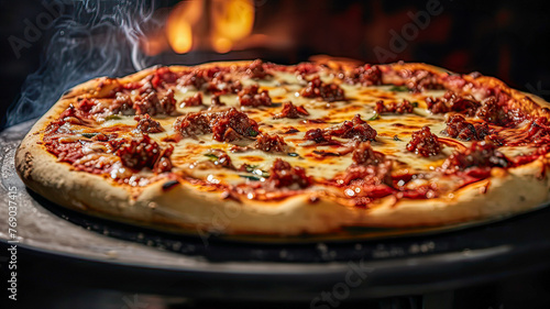 Mouthwatering pizza with cheese, meat, tomato, in cozy pizzeria with rustic charm.