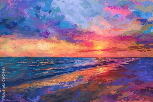 colorful sunset over a beach with ocean © Alexei