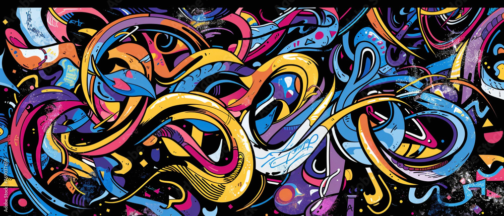 Swirling graffiti-style lettering accompanied by dynamic abstract shapes, adding energy and vibrancy to the urban landscape.