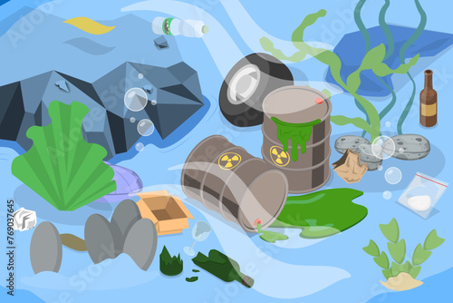 3D Isometric Flat Vector Illustration of Dirty Underwater Landscape , Ocean Pollution Impact on Ecosystem