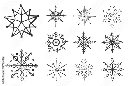 Collection of snowflakes for Christmas winter design. Snowflake doodle graphic hand set isolated on a white background. Design element for Christmas banner  cards. Xmas ornament. Vector.