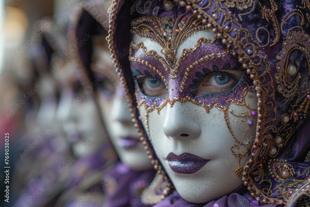 A selection of elaborate Venetian masks adorned with feathers, beads and jewels displayed on a shelf, evoking the mysterious ambiance of the Carnival of Venice A selection of elaborate Venetian masks adorned with feathers, beads and jewels displayed on a shelf, evoking the mysterious ambiance of the Carnival of Venice