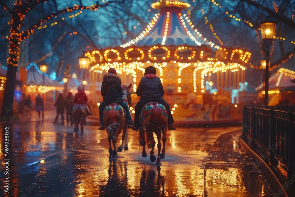 Children enjoying a cozy pony ride with a luminous carousel in the background on a rainy evening at an amusement park