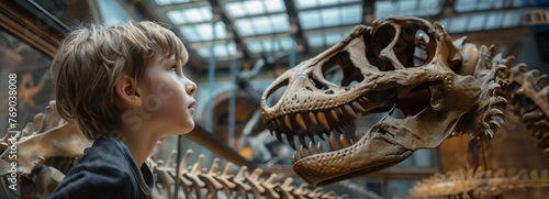Child looking at the skeleton of an ancient dinosaur in the museum of paleontology. Little boy watching at dinosaur bones. Generative AI © Olena