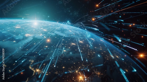 Illustration of a digital globe with glowing network connections, symbolizing global communication and data exchange.